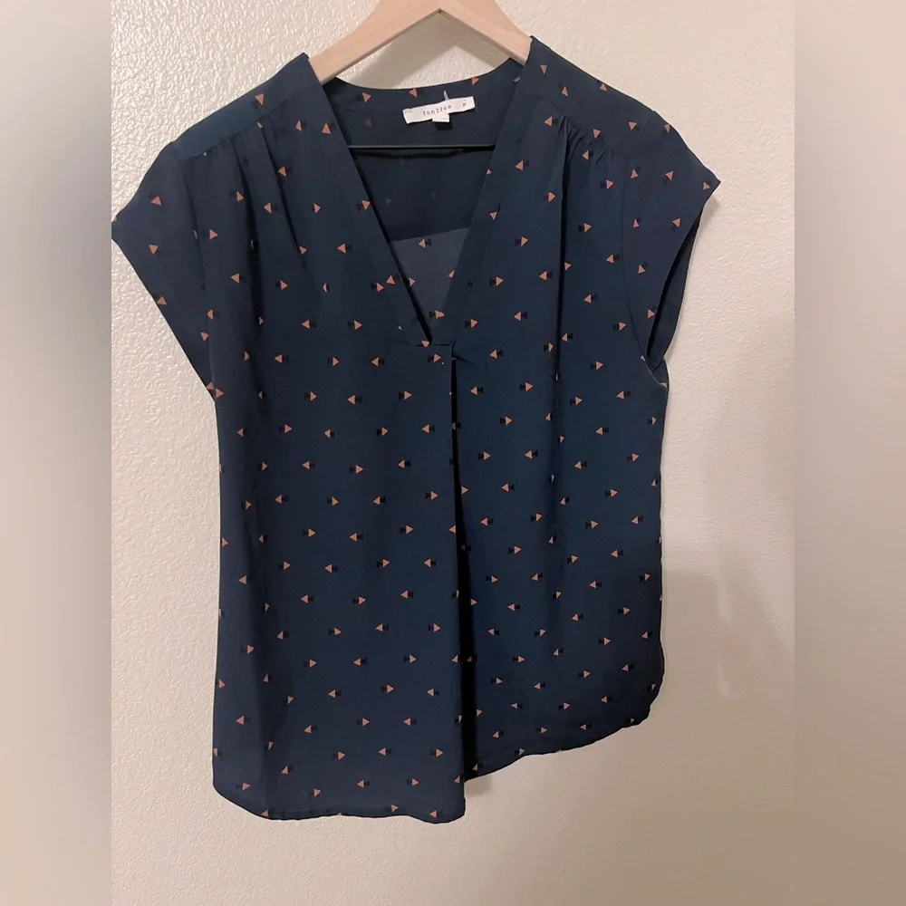 Fun 2 Fun Navy Blouse with Geometric Print - Picture 1 of 5